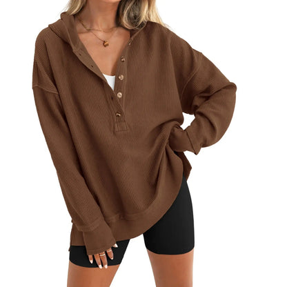 Women’s Oversized V-Neck Hoodie – Relaxed Button Pullover with Side Slits