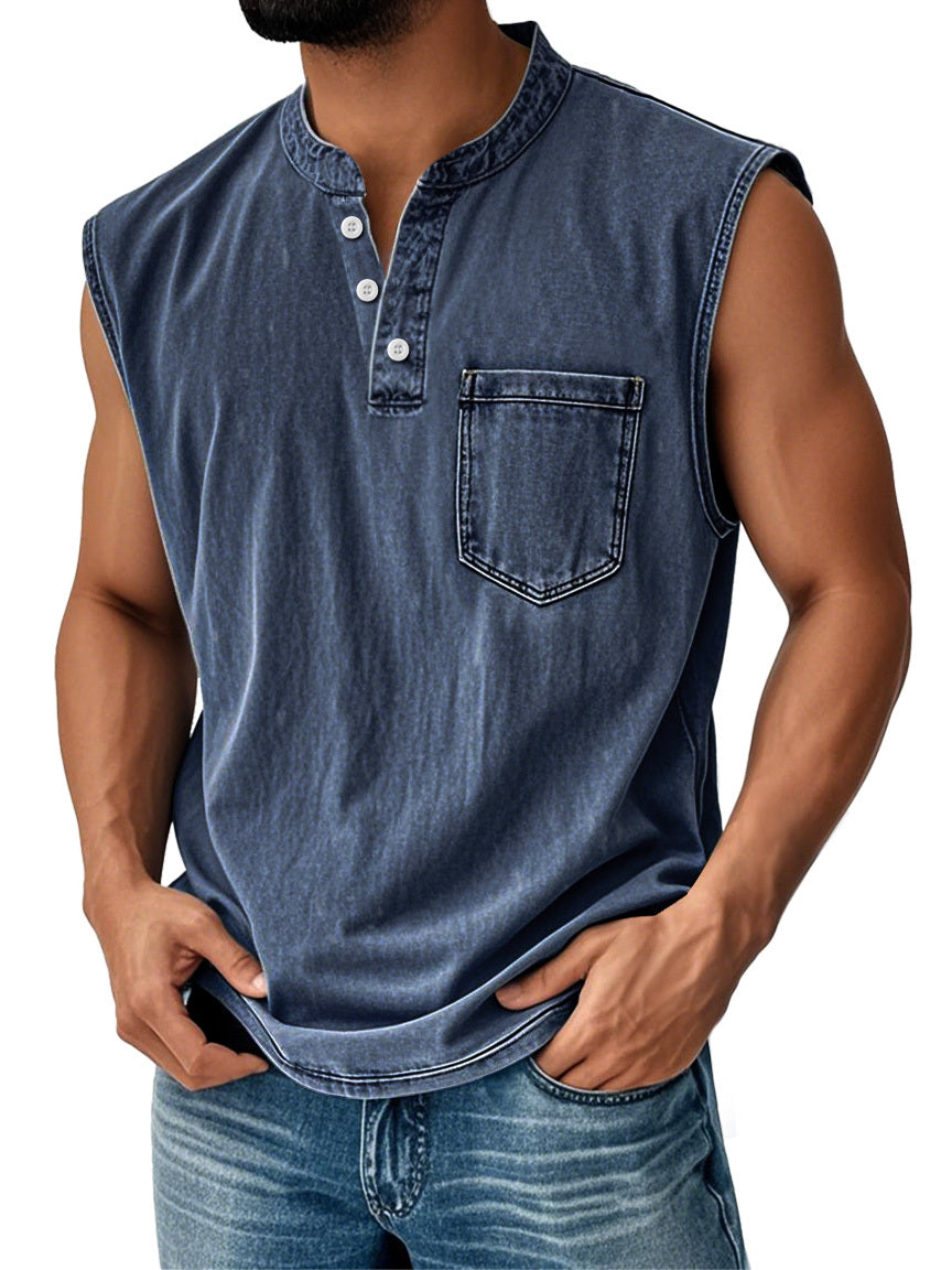 Men's Vintage Stand Collar Casual Pocket Solid Color Sleeveless Henley Vest