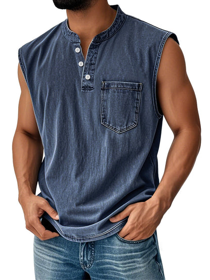 Men's Vintage Stand Collar Casual Pocket Solid Color Sleeveless Henley Vest