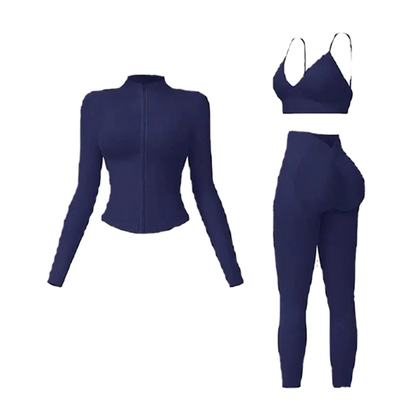 Women's tank top, high-waisted leggings, and zip-up jacket 3-piece sportswear set.