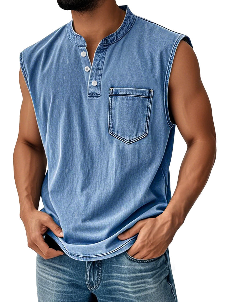 Men's Vintage Stand Collar Casual Pocket Solid Color Sleeveless Henley Vest