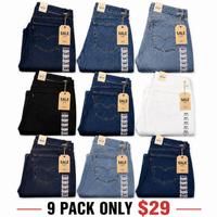 Jeans-9-PACK ONLY $29-Dark Blue + Medium Blue + Light Blue + Black + Gray + Khaki + Olive Green + Brown + Ice Blue