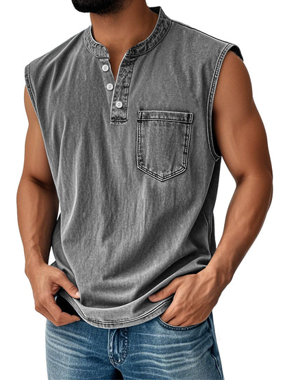 Men's Vintage Stand Collar Casual Pocket Solid Color Sleeveless Henley Vest