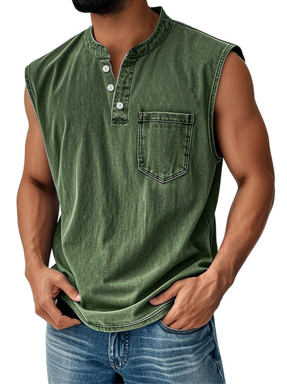 Men's Vintage Stand Collar Casual Pocket Solid Color Sleeveless Henley Vest